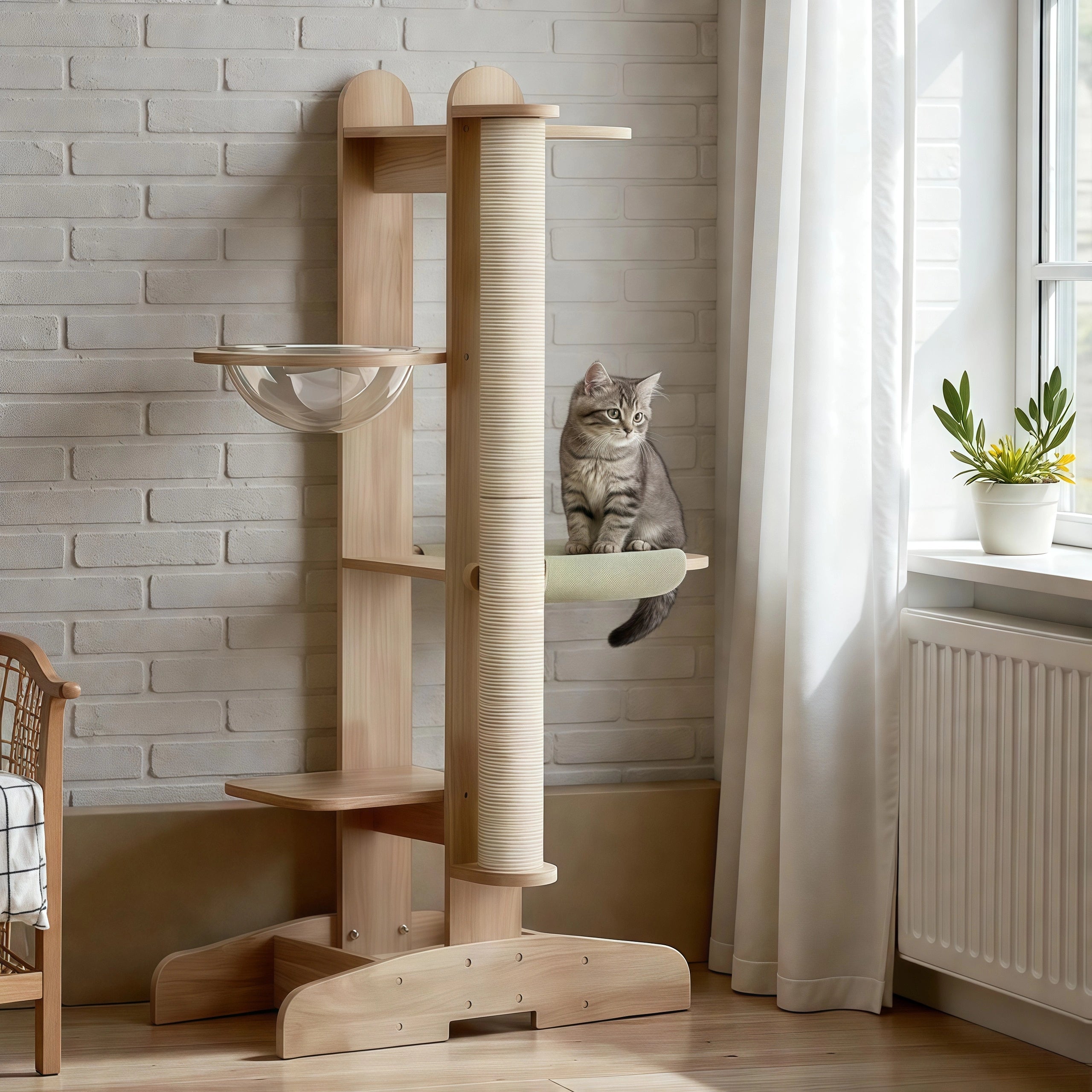 Zoiazoo Solid Wood Cat Tower – Small Space-Saving Cat Tree with Integrated Bed, Sisal Scratching Post for Compact Homes