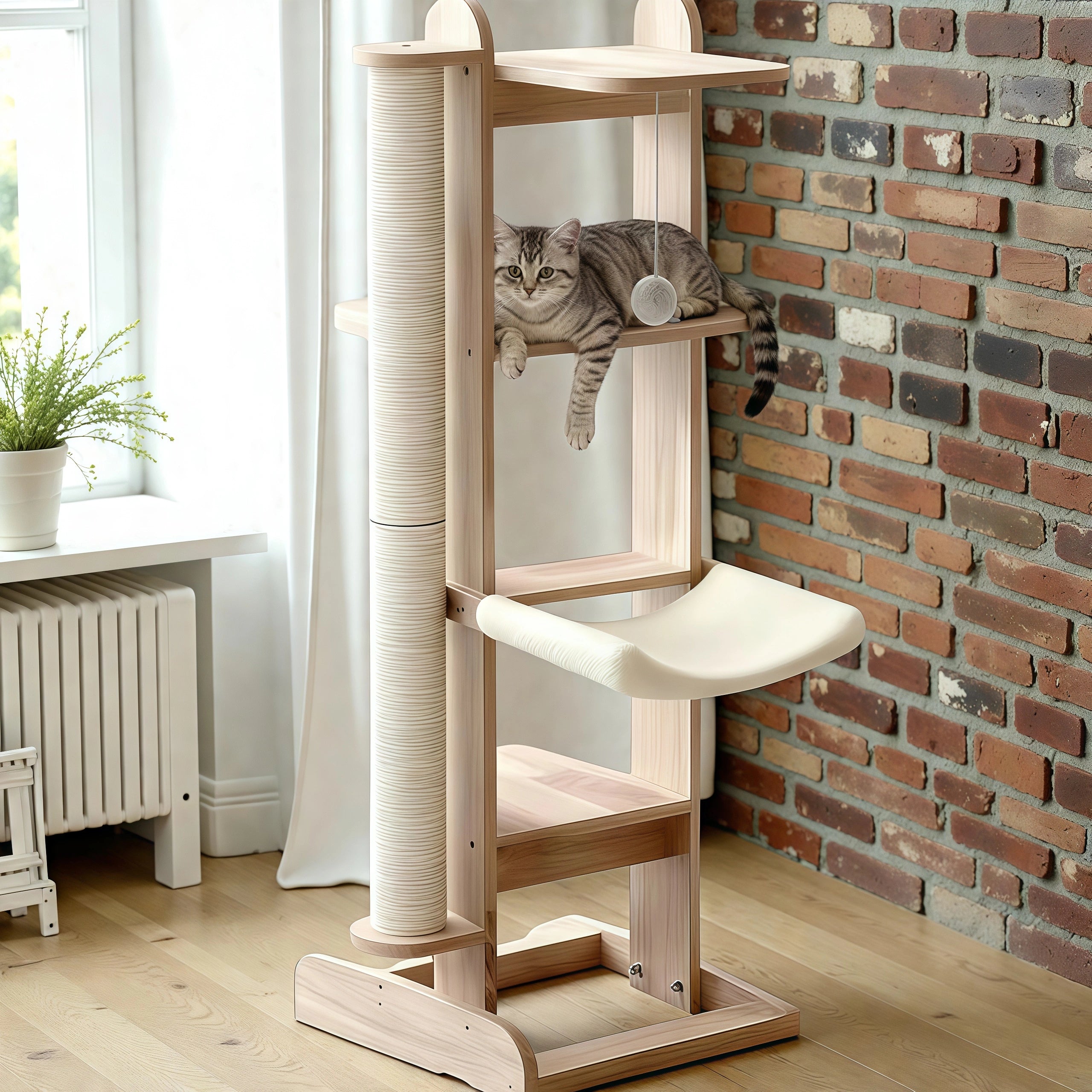 Zoiazoo Solid Wood Cat Tower – Small Space-Saving Cat Tree with Integrated Bed, Sisal Scratching Post for Compact Homes