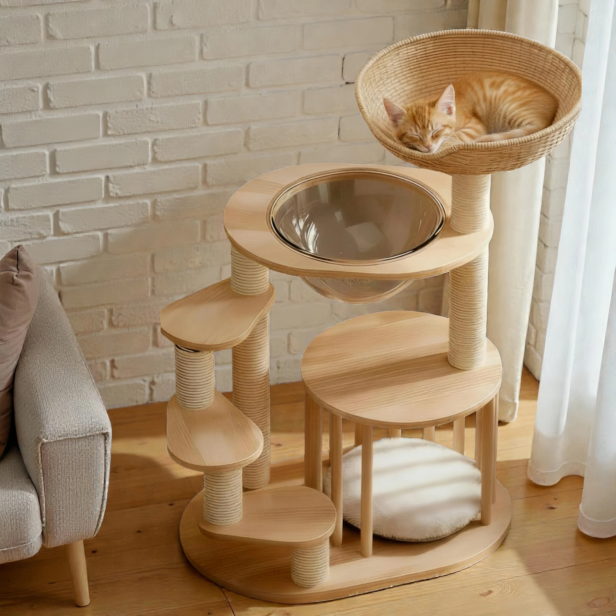 Zoiazoo Solid Wood Cat Tree – Low-Height Cat Tower with Integrated Cat Bed, Small Kitten Jump Platform for Munchkin Cats