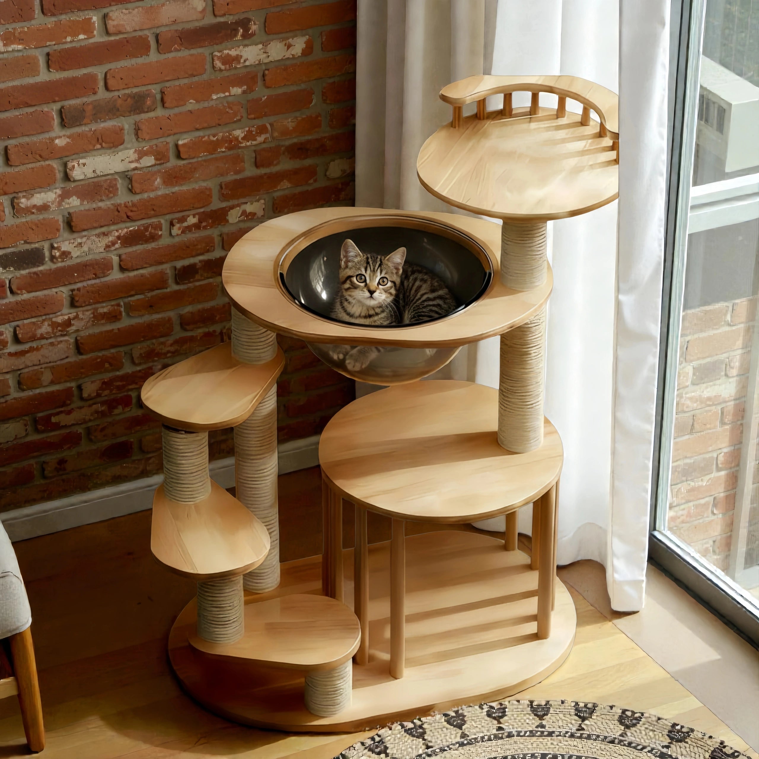 Zoiazoo Solid Wood Cat Tree – Low-Height Cat Tower with Integrated Cat Bed, Small Kitten Jump Platform for Munchkin Cats