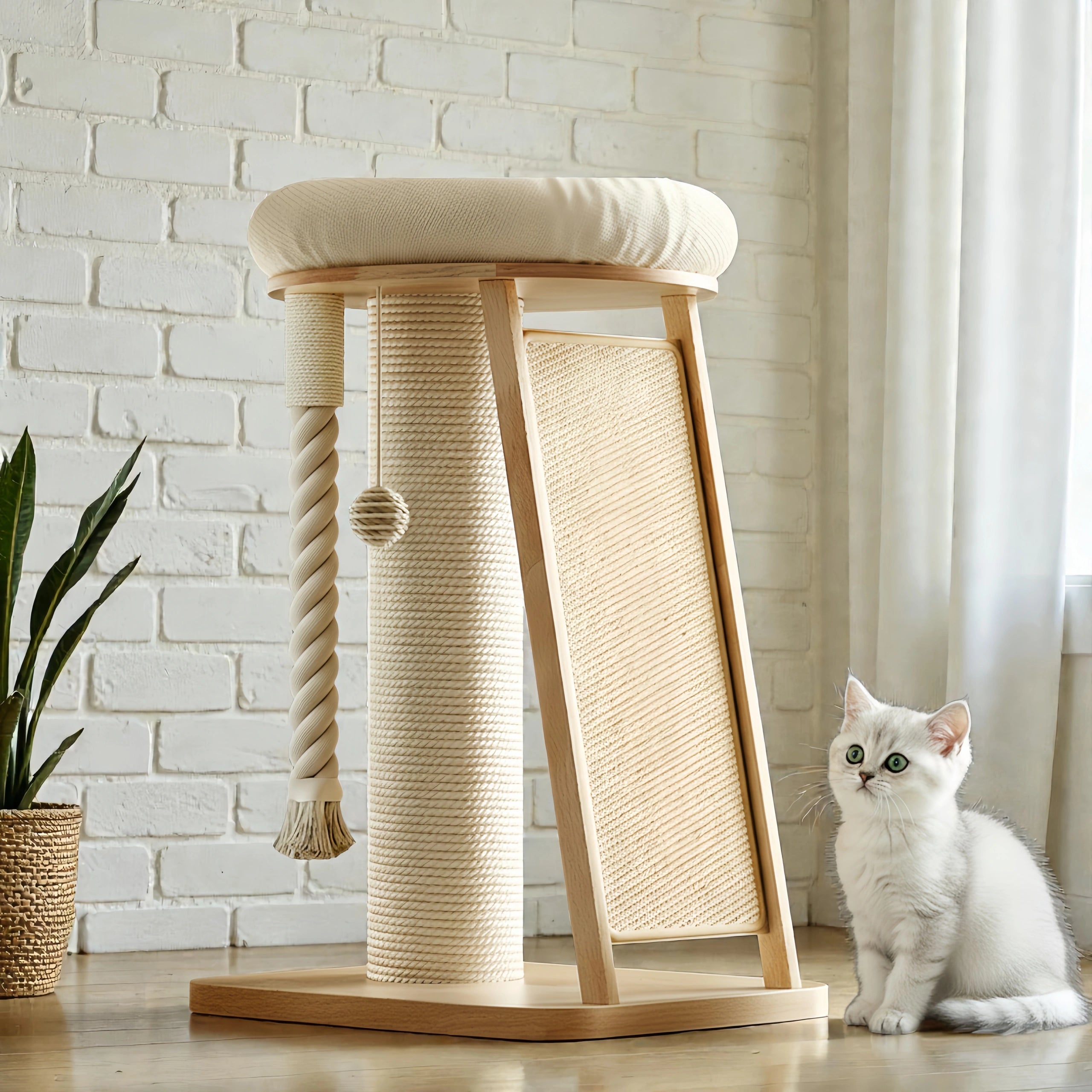 Zoiazoo Solid Wood Cat Tree – Space-Saving Small Cat Tower with Integrated Cat Bed, Scratching Board & Sisal Post