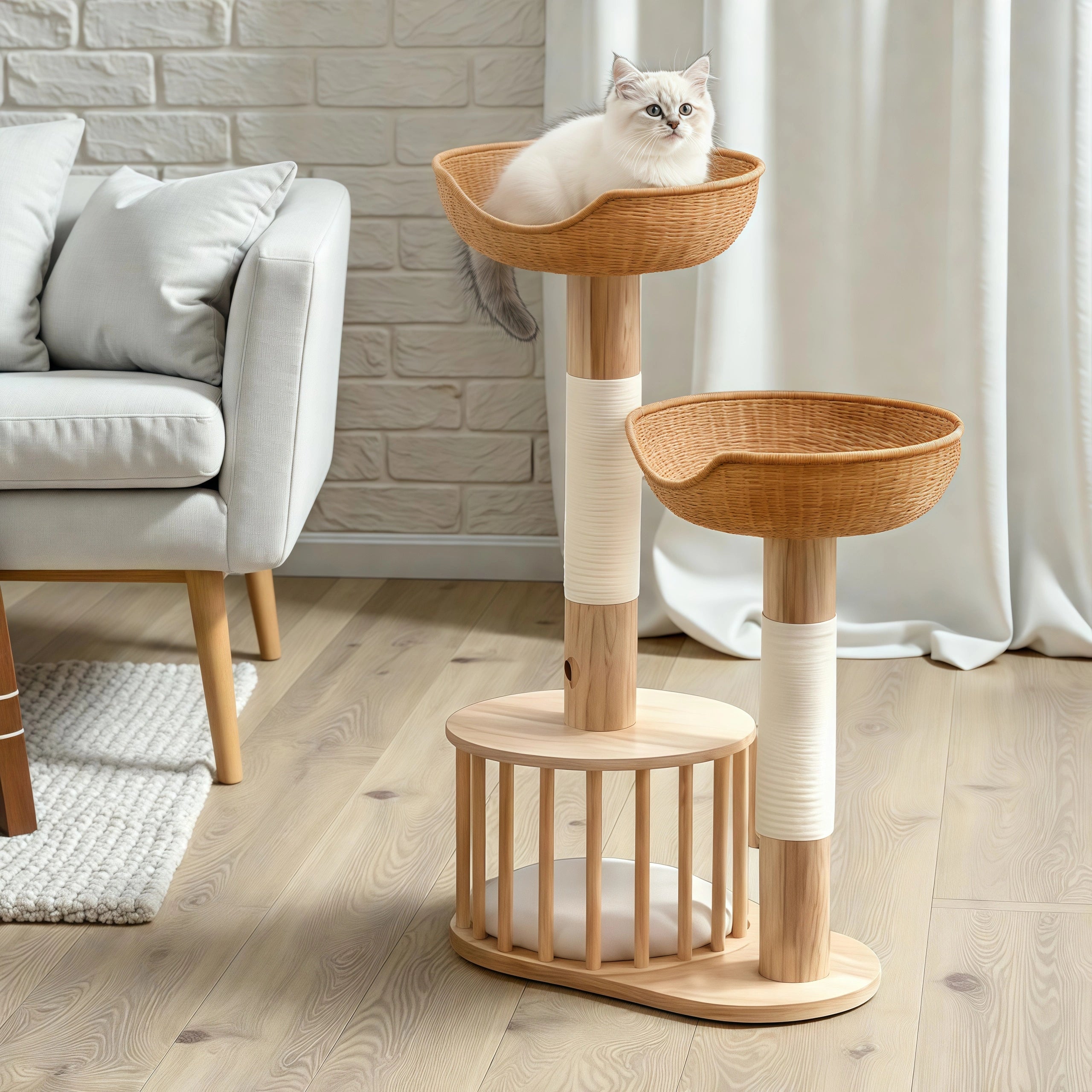 Zoiazoo Solid Wood Small Woven Cat Tree – Space-Saving Cat Tower with Integrated Cat Bed, Scratching Board & Trunk-Style Post