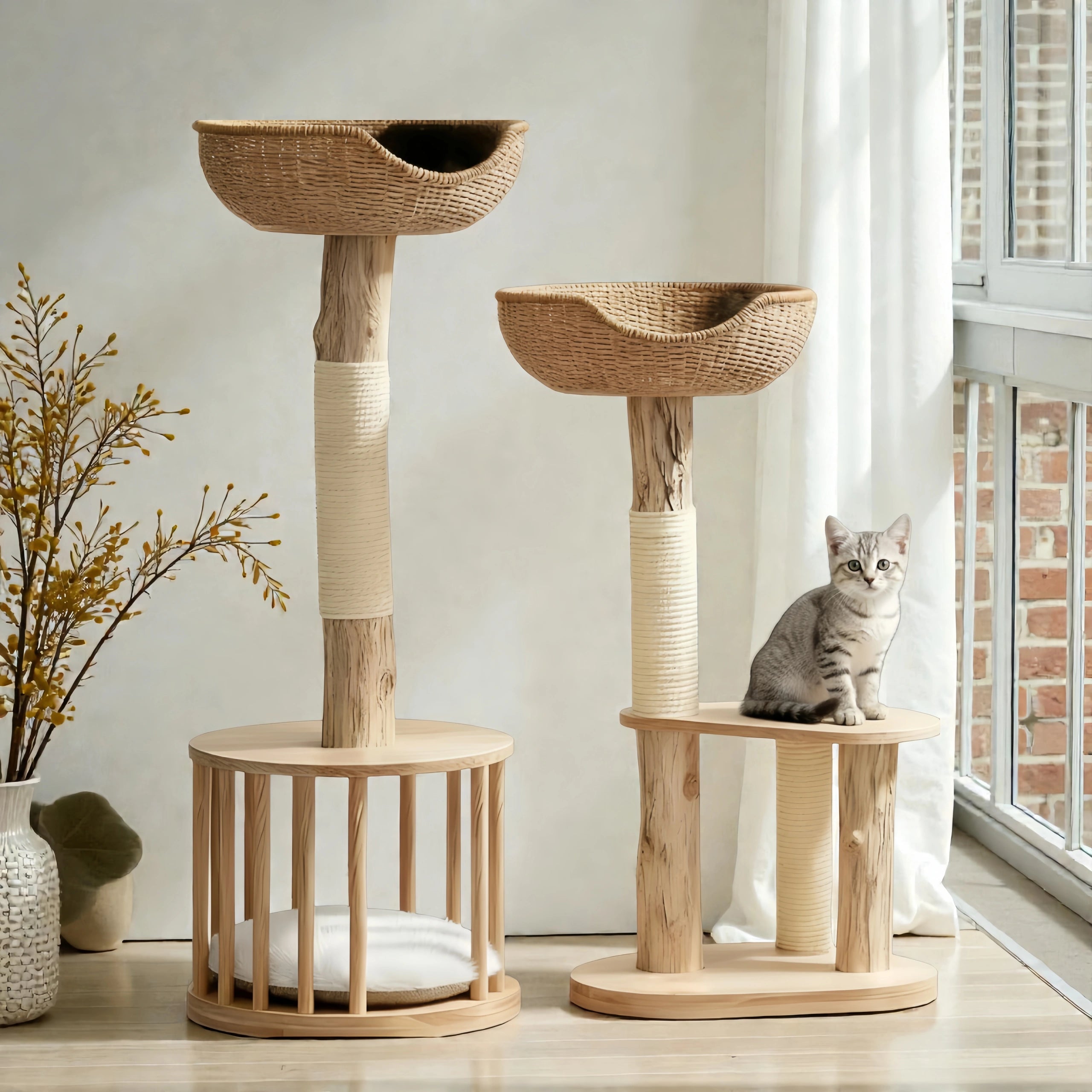 Zoiazoo Solid Wood Small Woven Cat Tree – Space-Saving Cat Tower with Integrated Cat Bed, Scratching Board & Trunk-Style Post
