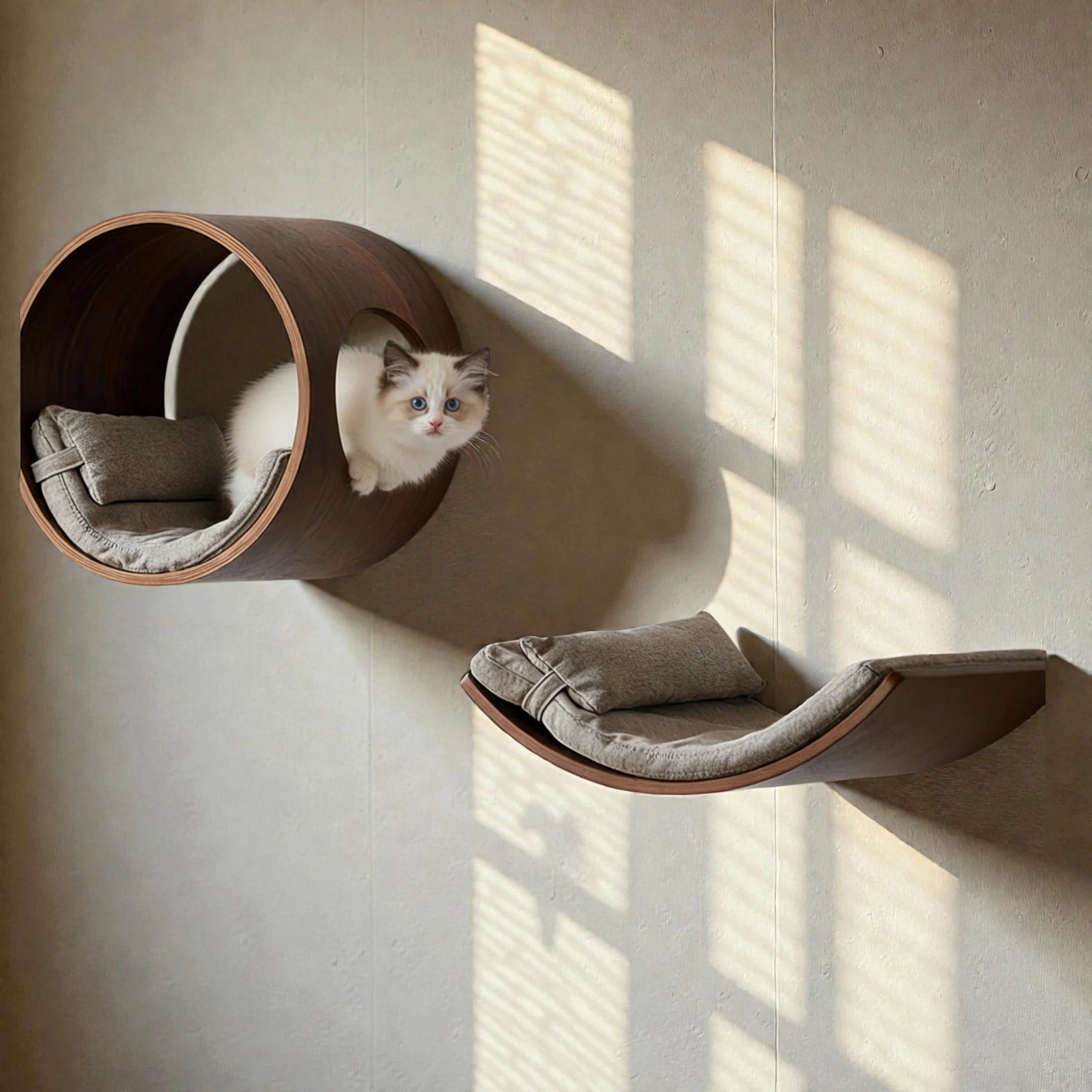 Zoiazoo Solid Wood Wall-Mounted Cat Pod – Sun-Style Round Cat Bed & Jumping Platform, All-Season Space-Saving Home Cat Perch