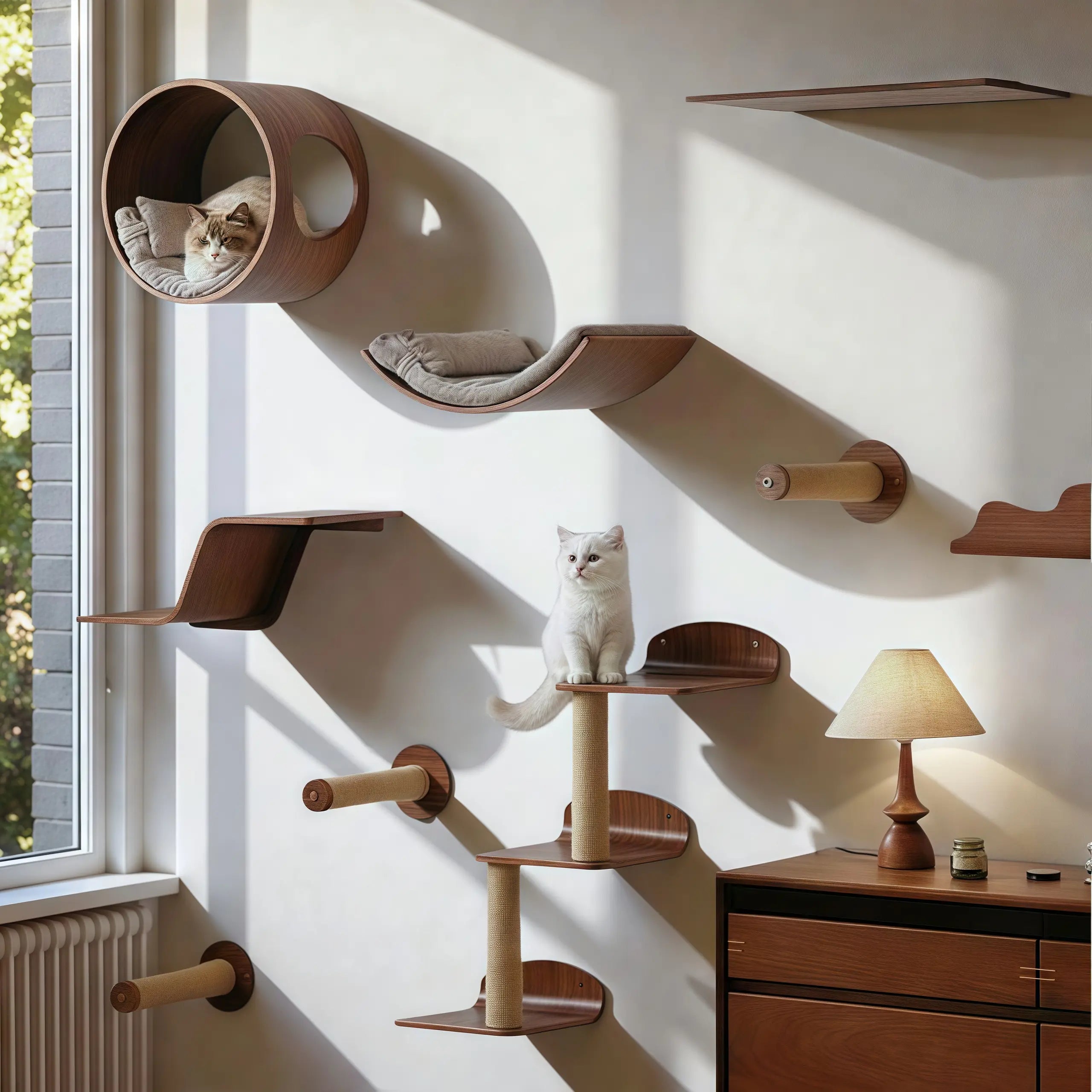 Zoiazoo Solid Wood Wall Cat Ladder – Wall-Mounted Cat Steps with Integrated Bed & Scratching Post, Space-Saving Home Climbing Stairs