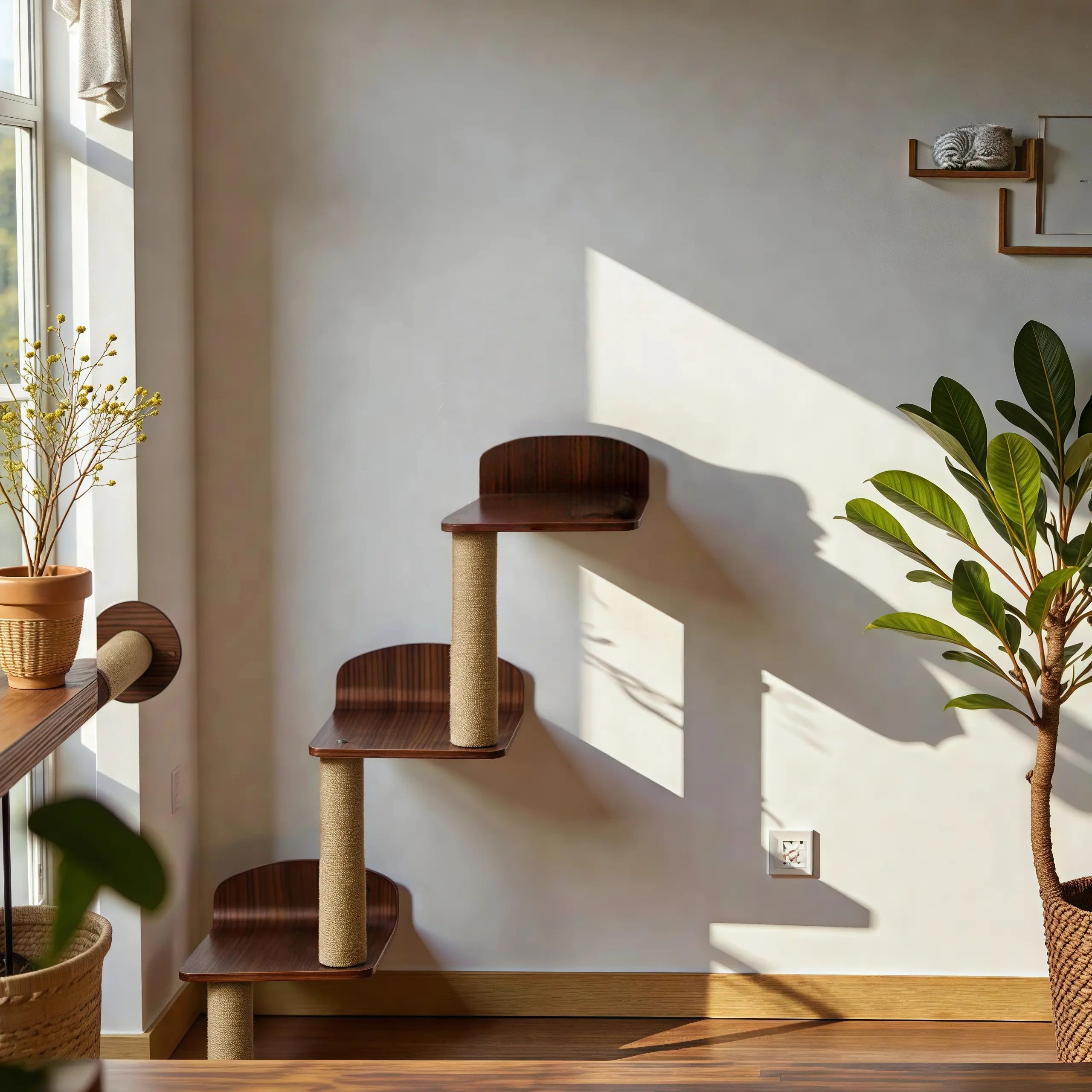 Zoiazoo Solid Wood Wall Cat Ladder – Wall-Mounted Cat Steps with Integrated Bed & Scratching Post, Space-Saving Home Climbing Stairs