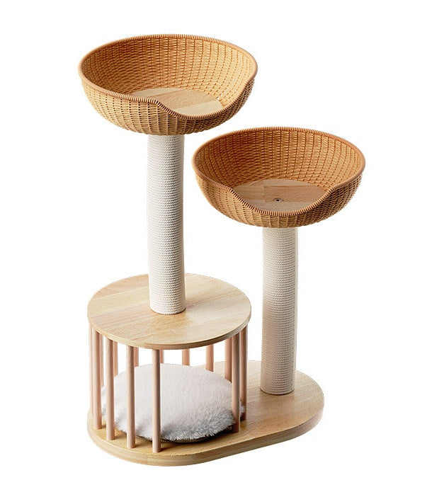 Zoiazoo Solid Wood Small Woven Cat Tree – Space-Saving Cat Tower with Integrated Cat Bed, Scratching Board & Trunk-Style Post