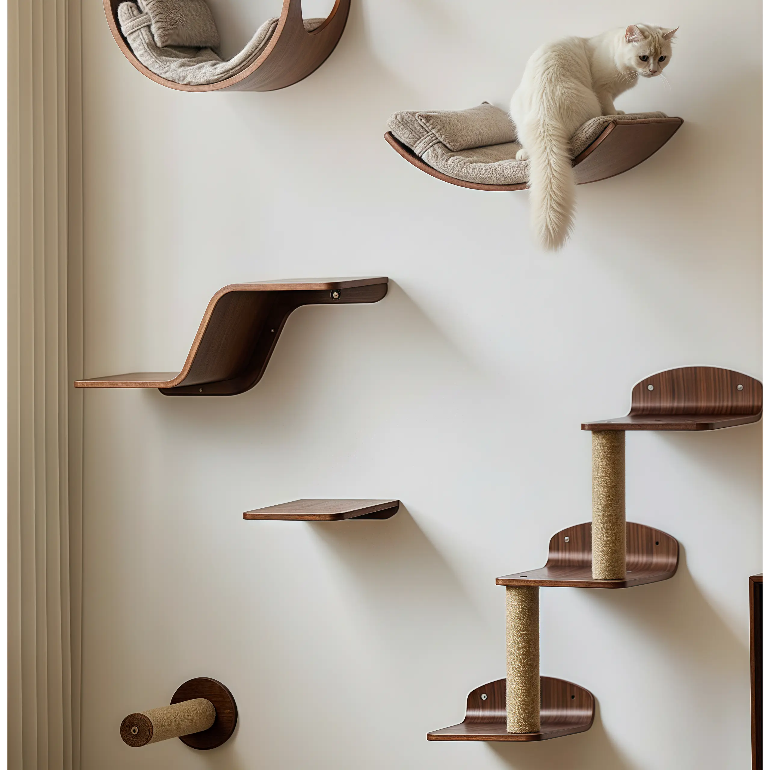 Zoiazoo Wall-Mounted Solid Wood Cat Wall System – Space-Saving Home Cat Climber with Moon Bed, Sun Pod, Steps, Slide, Ladder, Scratching Post & Cat Run