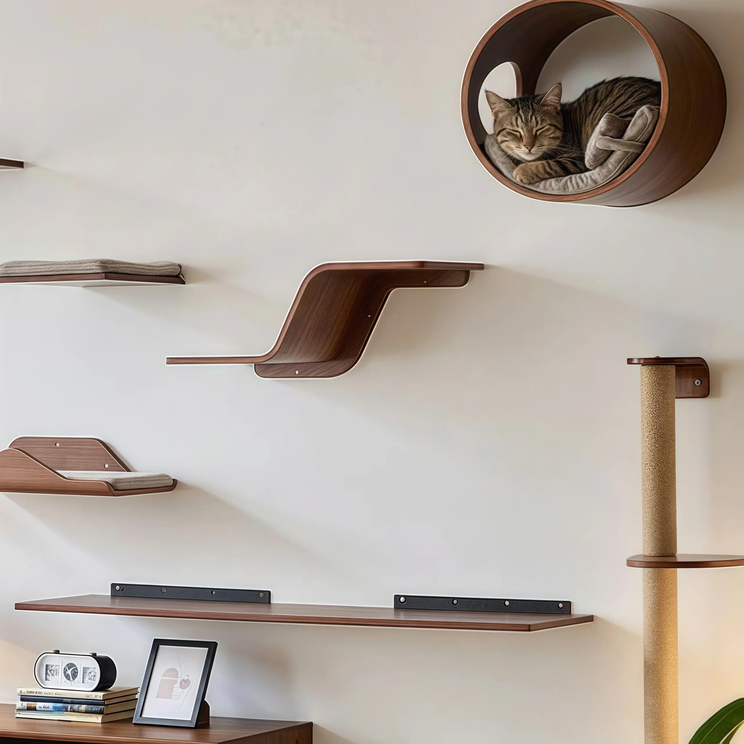 Zoiazoo Wall-Mounted Solid Wood Cat Wall System – Space-Saving Home Cat Climber with Moon Bed, Sun Pod, Steps, Slide, Ladder, Scratching Post & Cat Run