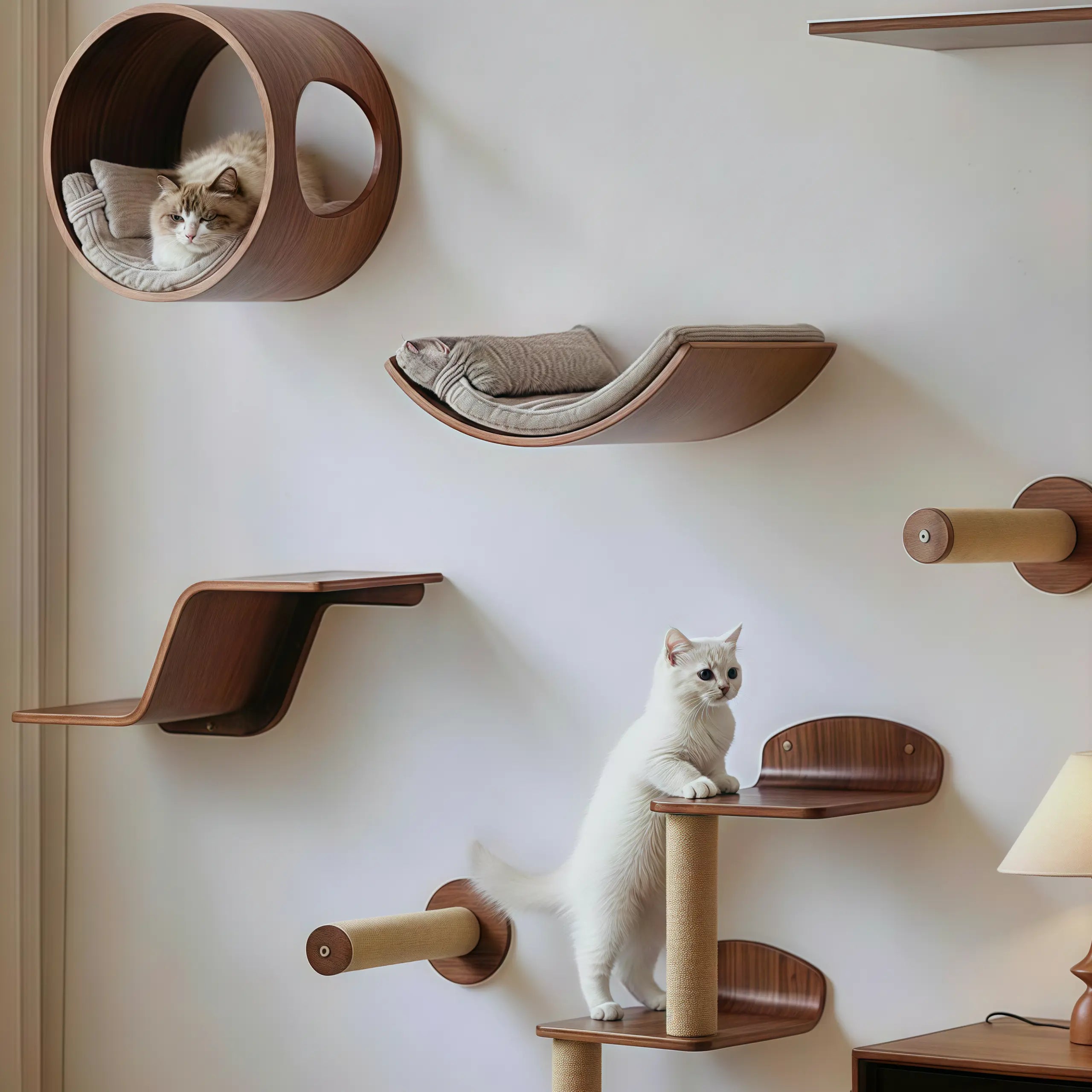 Zoiazoo Wall-Mounted Solid Wood Cat Wall System – Space-Saving Home Cat Climber with Moon Bed, Sun Pod, Steps, Slide, Ladder, Scratching Post & Cat Run