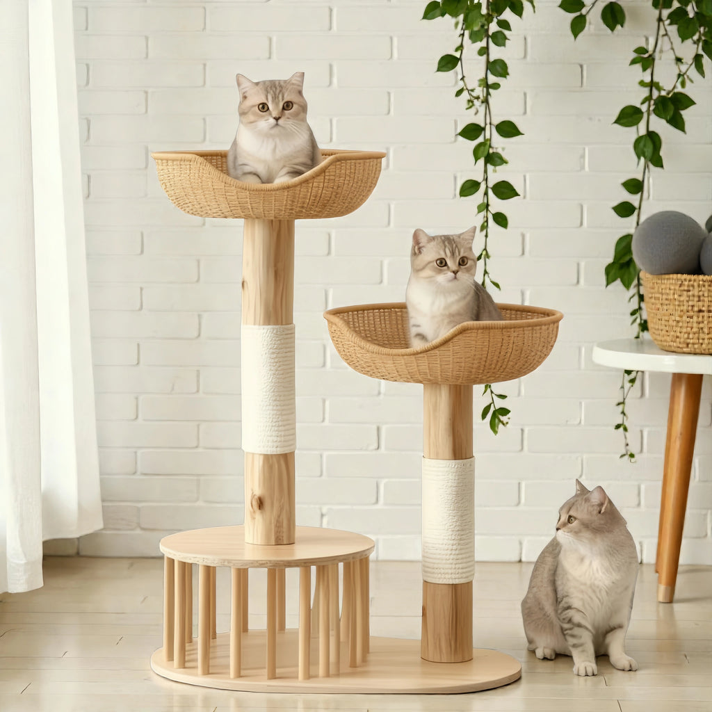 Zoiazoo Solid Wood Small Woven Cat Tree – Space-Saving Cat Tower with Integrated Cat Bed, Scratching Board & Trunk-Style Post